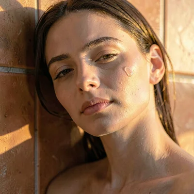 Editorial portrait of a model resting forehead against a warm tile wall, single