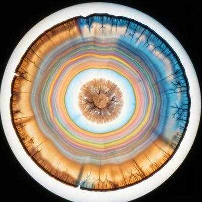 Tourmaline crystal cross-section showing rainbow of color zones, thin section