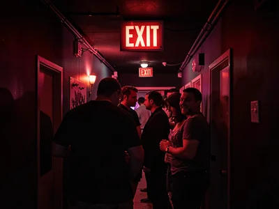 Night club line for bathroom under EXIT sign, the impatient red-lit queue