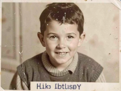 Scanned childhood photo with selective corruption, some faces preserved, others 
