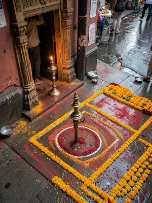 Temple doorway with brass lamp