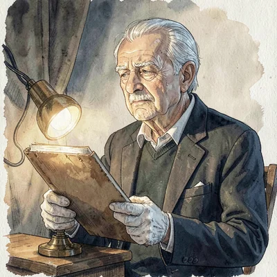 A determined white archivist in his sixties lifting a folio with cotton gloves, 