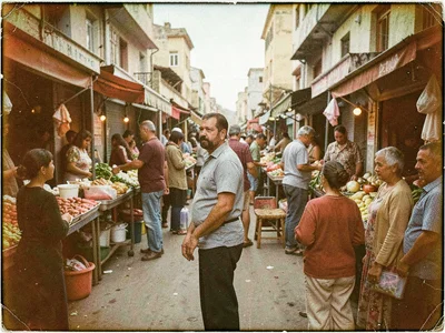 Market scene with desaturated warmth