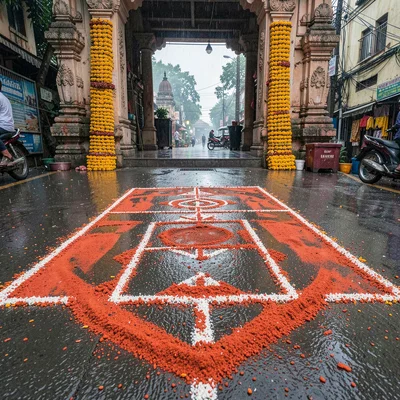Looking down at Chennai's overlooked patterns, Vermillion kumkum powder scattere