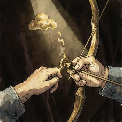 Hands placing rosin on a bow, tiny golden cloud rising in lamp glow, deep velvet