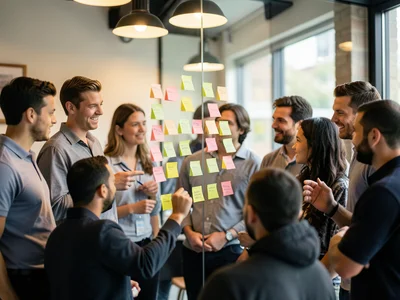 Team brainstorming session with sticky notes on a glass wall, warm overhead ligh