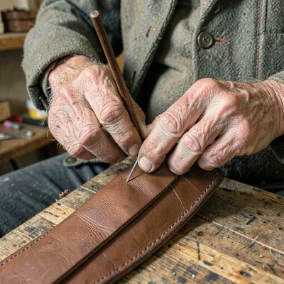 A cobbler's hands stitching leather, aged fingers steady on the needle