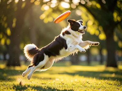 Border collie catching a frisbee mid-air, athletic leap, park background, action
