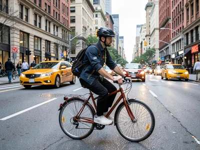 Bike messenger through city traffic