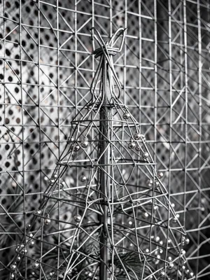 Wire sculpture of Christmas tree with tiny ornament beads, delicate work