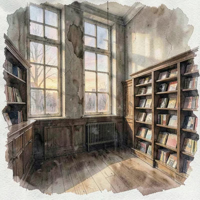 Atmospheric watercolor of a postcard reading room at dusk, tall windows glowing,