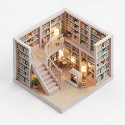 A cozy library: spiral staircase, multiple levels of bookshelves, reading alcove
