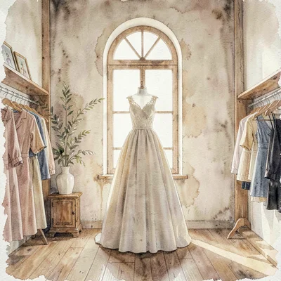 Atmospheric watercolor wash of a small boutique interior with a single gown form