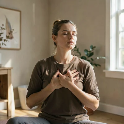 Soft natural light photograph, Woman doing breathing exercises in quiet room, ha