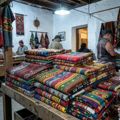 Documentary photograph with Guatemalan highland aesthetic, Stack of folded texti