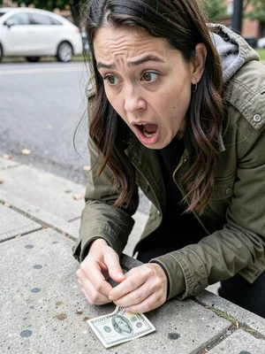 Woman mid-gasp spotting a $20 bill on the sidewalk, eyes wide with disbelief