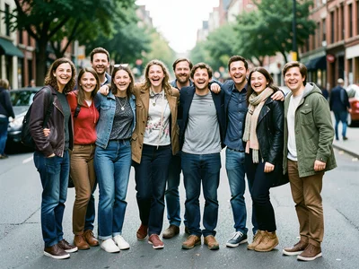 Group of diverse graduates arm in arm, laughing, casual outdoor portrait
