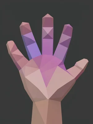 A geometric human hand open-palmed, every skin plane and knuckle a separate angl
