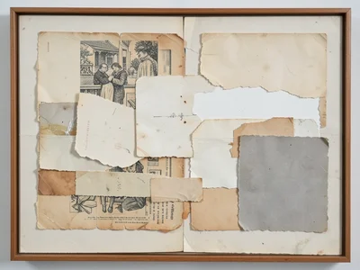 Torn vintage book illustration fragments layered with torn craft paper, image sc