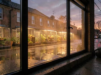 Twilight atmospheric of the studio window from outside, warm honey-glow seeping 