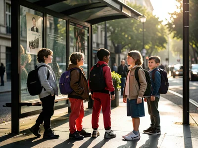 Kids waiting at bus stop in new outfits, backpacks, morning sunlight