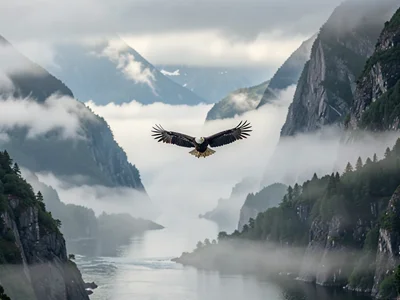 Eagle flying between mist layers