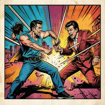 Halftone dot illustration, comic book panel fight scene , Ben-Day dots, pop art 