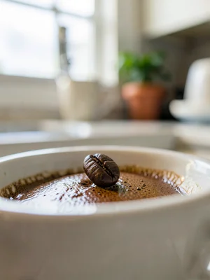 Single coffee bean in focus floating in crema, cup rim and kitchen and window li