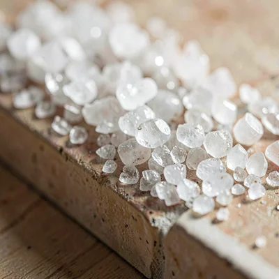 mineral close-up of crystallized salt on a tile edge, sharp mineral grain