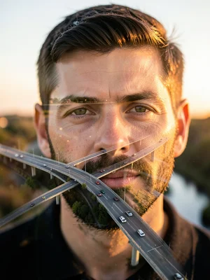 Man's face merged with aerial view of highway interchange at golden hour, double