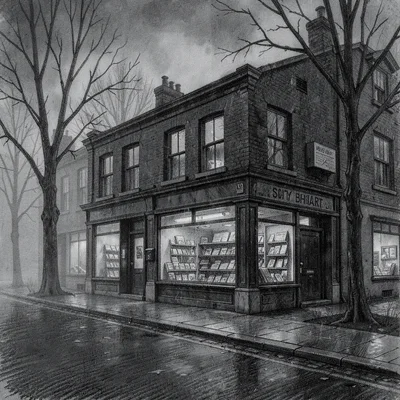 Editorial charcoal sketch of a cassette-shop facade across a misty street at dus