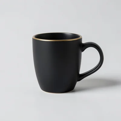 A matte black ceramic coffee mug, slightly tapered with a thin gold rim, on ligh