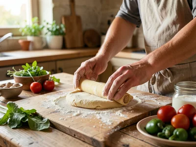 Hands rolling fresh pasta dough on a flour-dusted wooden surface, kitchen backgr