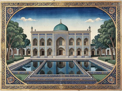 Palace facade viewed from a formal garden with a geometric reflecting pool