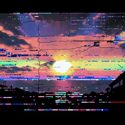 Glitch art illustration, sunset corrupted with color banding , digital corruptio