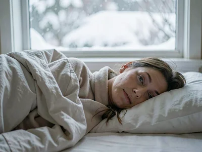 Person waking to snow outside window, the surprise changing plans, the winter mo