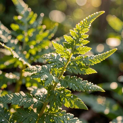 Botanical close-up of a fern frond unfurling, dewdrops catching morning light