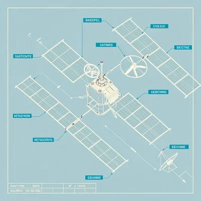 Exploded axonometric of a satellite bus revealing solar wings, antenna, and reac