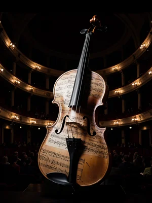 Violin silhouette filled with sheet music and concert hall, double exposure