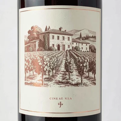 Wine label illustration, Stone wall with espaliered vines , elegant estate scene