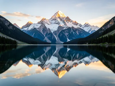 Snow-capped mountain peak reflected perfectly in a still alpine lake