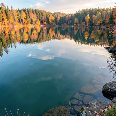 Finnish lake mirror, dead-calm reflection, Autumn colors on shoreline, gold and 