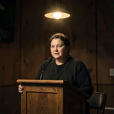 Quiet portrait of a panelist at a small wood-paneled lectern, single warm overhe