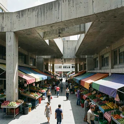 Planned city photography, modernist urbanism, An outdoor market set up under a b
