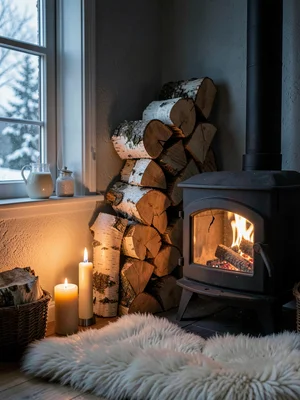 Birch Firewood Stack Beside Stove