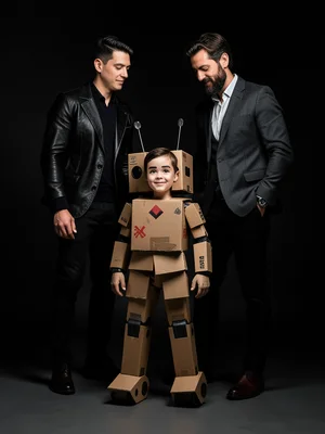 Child in homemade robot costume made from cardboard boxes, proud parent watching