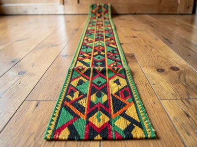 Kente strip unwound across wooden floor — length of pattern receding into distan