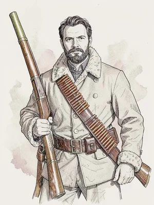 A heavy-coated trapper shoulders brass-fitted rifle, fur-lined collar high, leat