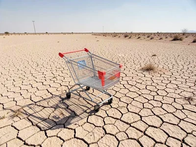 Single shopping cart abandoned on desert playa, two miles of cracked earth in ev