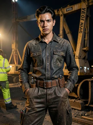 Tool belt worn low on hips, dramatic lighting on worn leather, utility as style